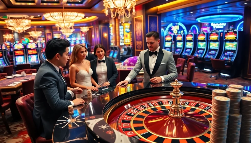 Experience the thrill of high-stakes play at hi88.photo, featuring a vibrant casino scene with roulette and poker tables.
