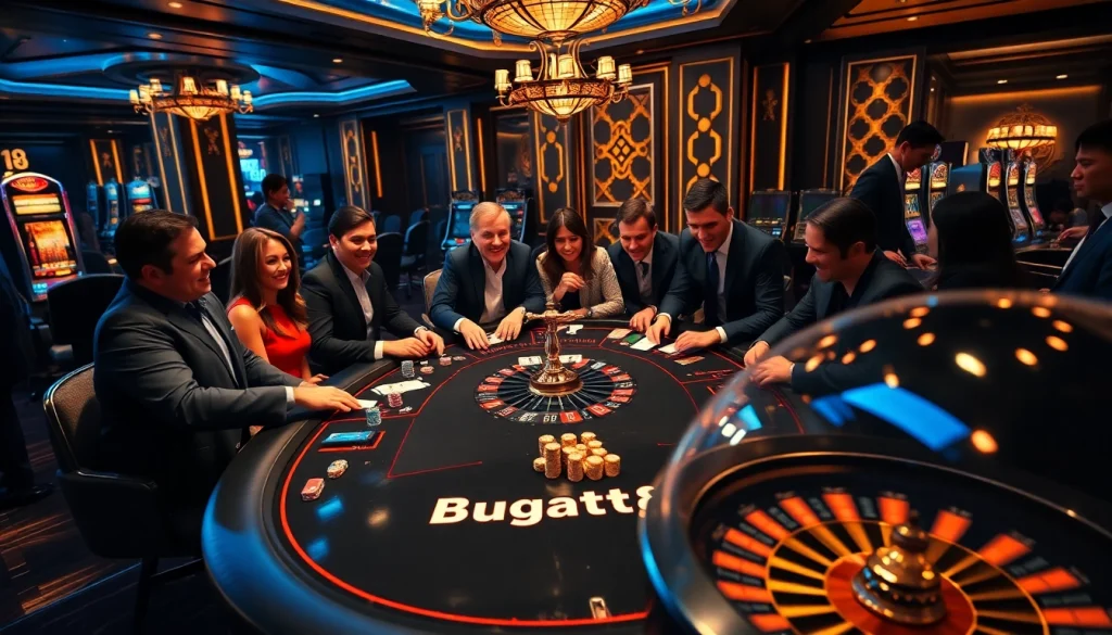 Engaged players at a Bugatti8 casino table, enjoying various games and showcasing excitement.