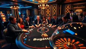 Engaged players at a Bugatti8 casino table, enjoying various games and showcasing excitement.