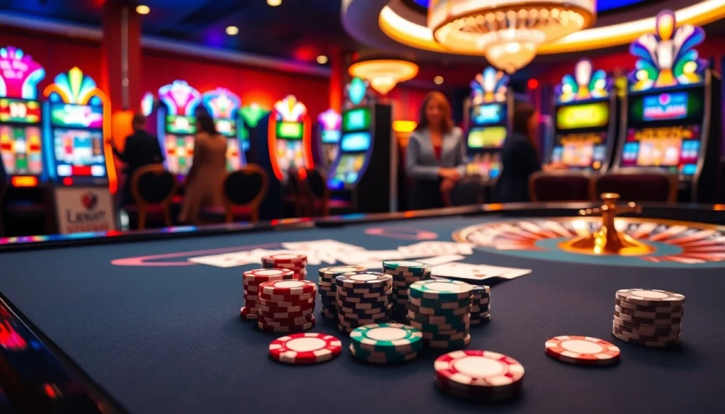 Excitement and luxury define this V9bet casino scene with poker chips and slot machines.