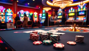Excitement and luxury define this V9bet casino scene with poker chips and slot machines.