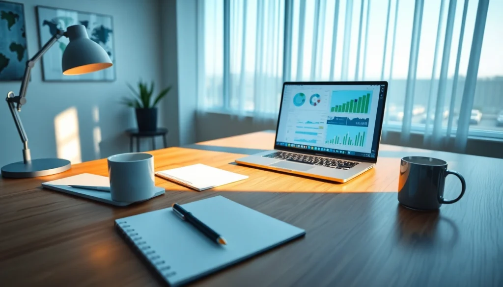 Modern workspace featuring WPS下载 on a sleek laptop, evoking productivity and innovation.