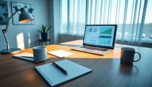 Modern workspace featuring WPS下载 on a sleek laptop, evoking productivity and innovation.