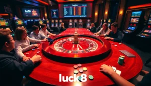 Players engaging in a thrilling roulette game at Luck8 casino, showcasing vibrant chips and high stakes.