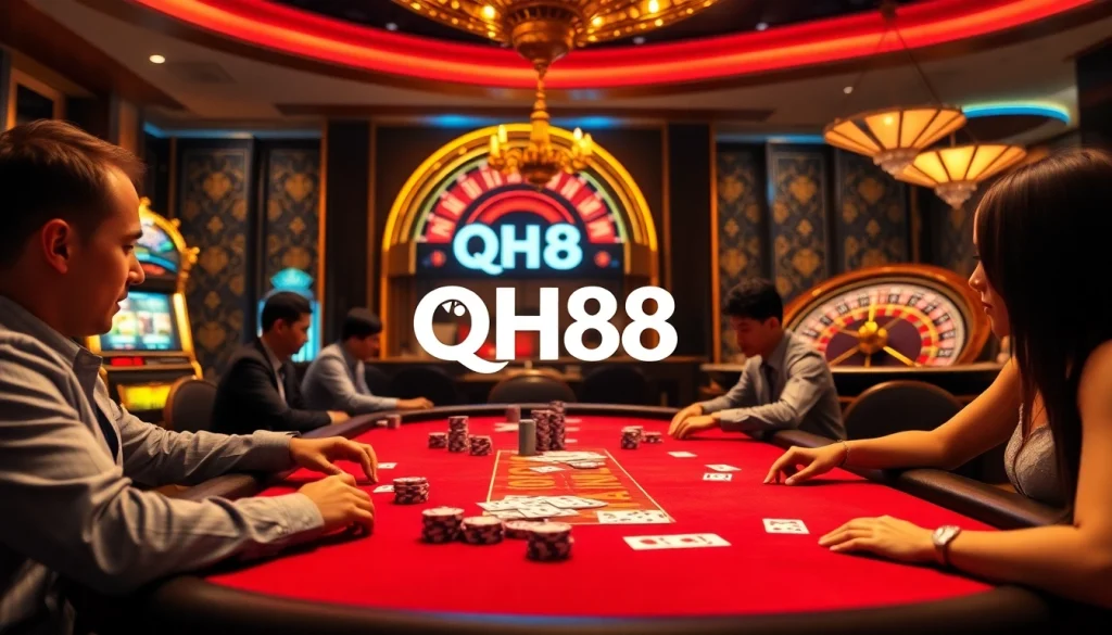 Players engage in high-stakes poker at QH88, surrounded by vibrant casino elements and excitement.
