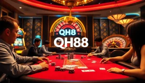 Players engage in high-stakes poker at QH88, surrounded by vibrant casino elements and excitement.