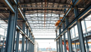 Showcasing steel structure design with intricate beams and columns in a professional construction setting.