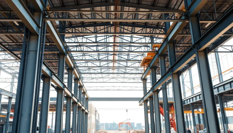 Showcasing steel structure design with intricate beams and columns in a professional construction setting.
