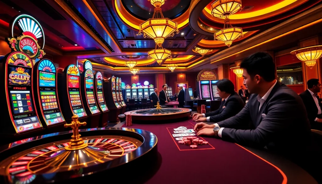 S88vip players engaging in an exciting casino atmosphere with vibrant slot machines and poker tables.