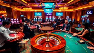KJC solutions enhances the excitement of unique casino experiences with gaming tables and players in action.