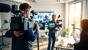 Capture a Corporate Video Production scene showcasing a professional team at work in a modern office.