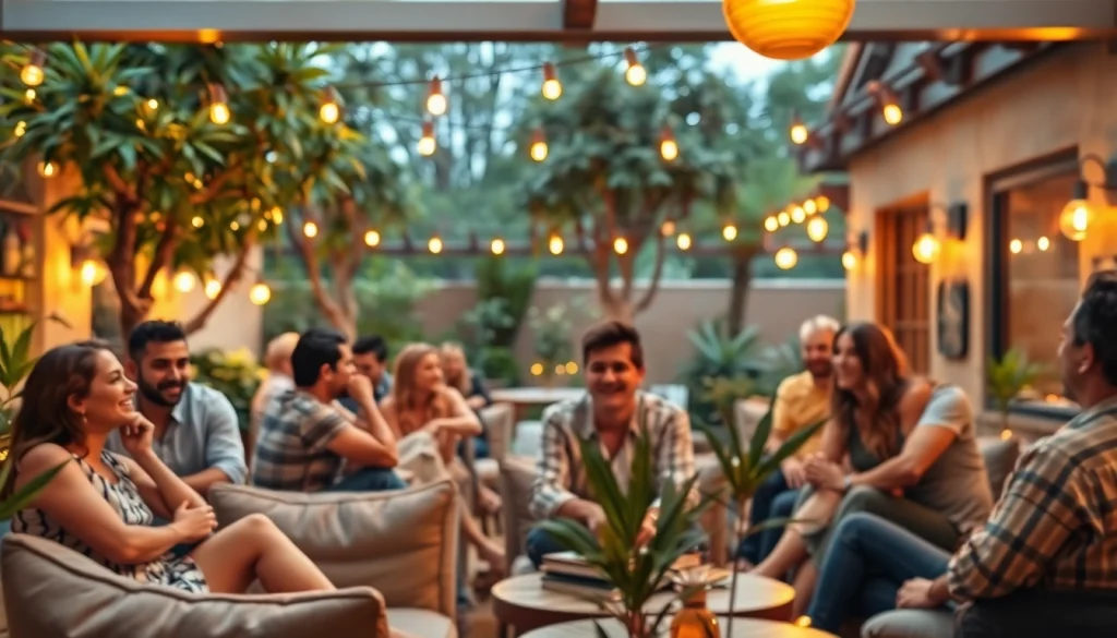 Les membres se détendent dans un social club espagne avec ambiance accueillante et verdoyante.