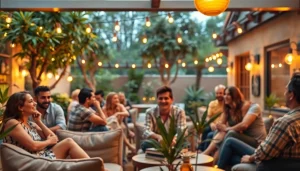 Les membres se détendent dans un social club espagne avec ambiance accueillante et verdoyante.