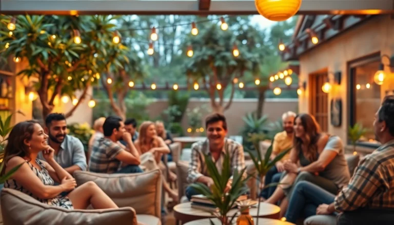 Les membres se détendent dans un social club espagne avec ambiance accueillante et verdoyante.