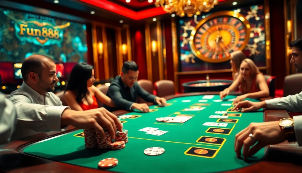 Fun88 poker table filled with vibrant chips and cards, reflecting luxury and excitement in gambling.