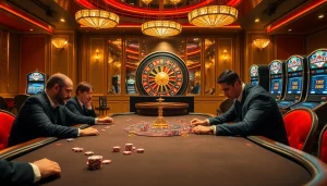 The thrilling poker table scene at u888 com showcases luxury and excitement in a casino environment.