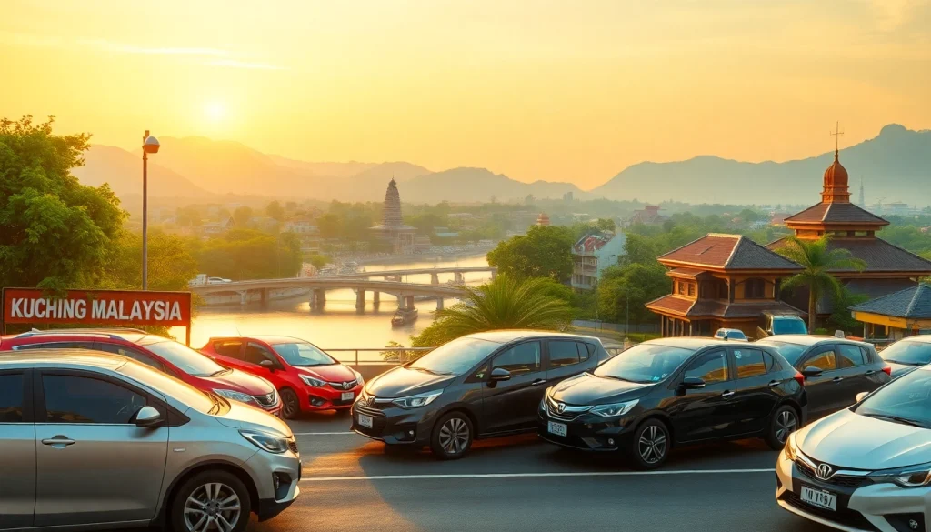 Kuching rent a car options with vibrant vehicles amidst scenic local culture.