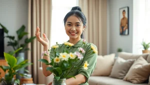Myanmar maid arranging flowers elegantly in a modern living room.