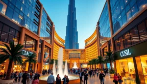The Dubai Mall bustling with shoppers, luxury stores, and the iconic Burj Khalifa at twilight.