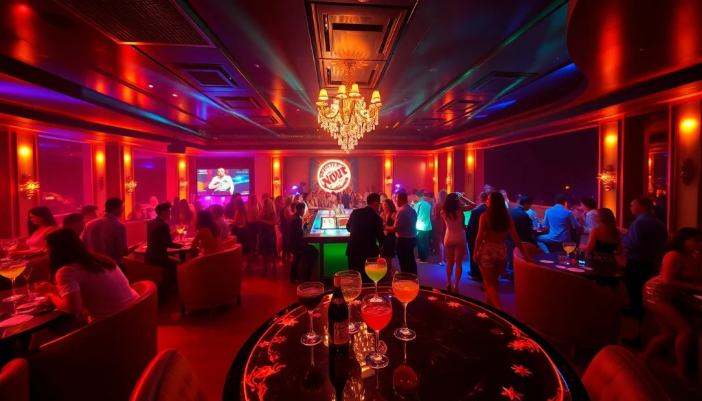 Vibrant nightlife at Club sxm, showcasing dancers, cocktails, and guests in a luxurious atmosphere.