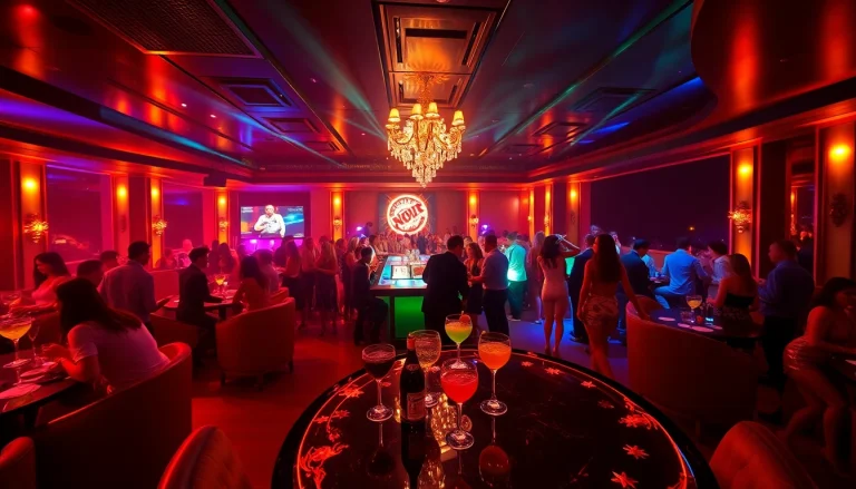 Vibrant nightlife at Club sxm, showcasing dancers, cocktails, and guests in a luxurious atmosphere.