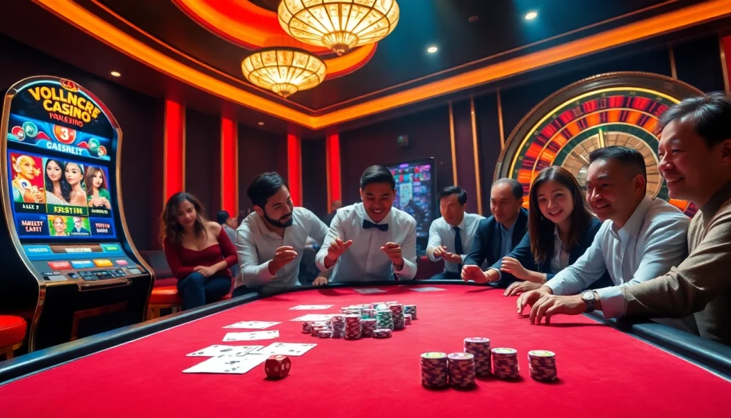 Exciting GO8 casino scene with dynamic players at a luxurious gaming table full of poker chips and cards.