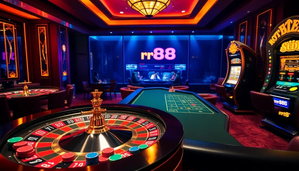 rr88 players excitedly placing bets at a luxurious casino table with colorful chips