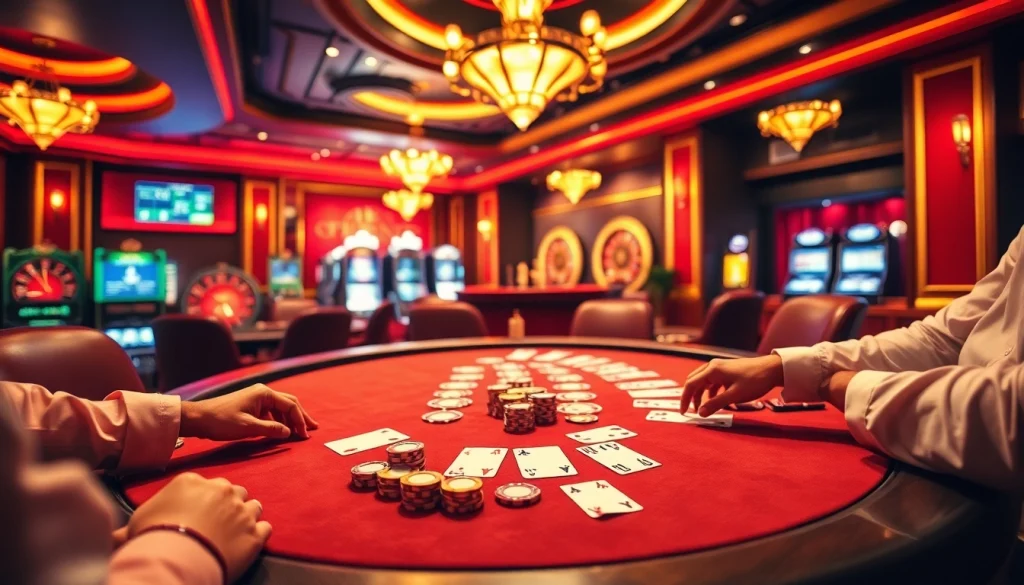 High-stakes poker action at a luxurious casino table, inspired by https://s86.com's vibrant atmosphere.