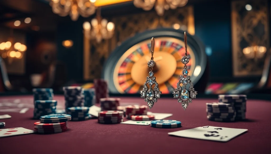 High-quality diamond earrings featured prominently in a glamorous casino setting.