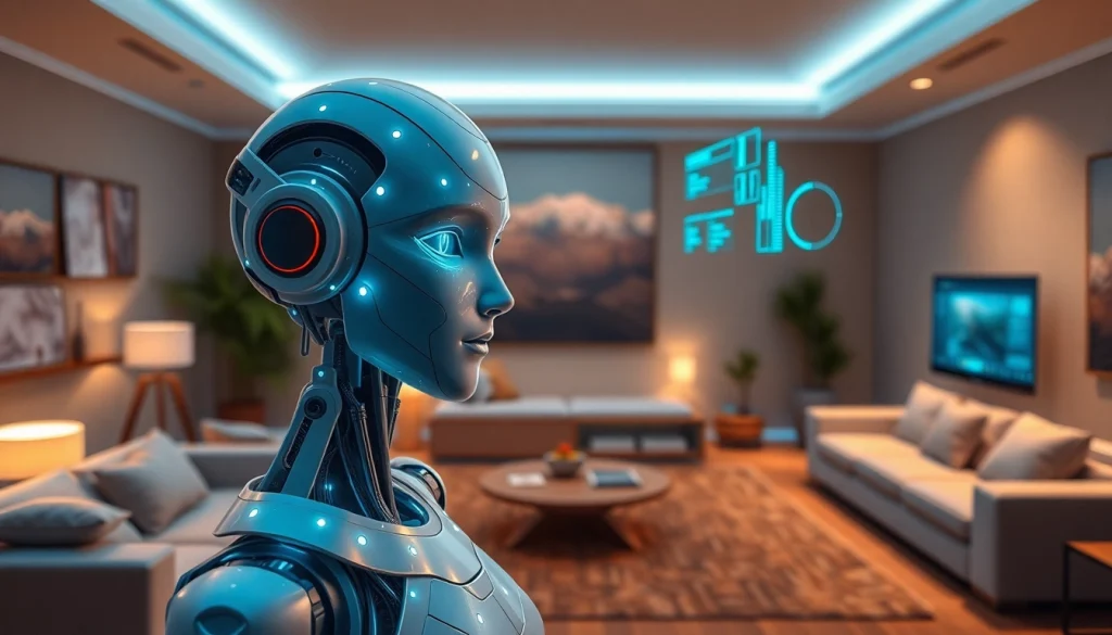 A visually appealing AI sex bot in a modern living room setting, blending technology and comfort.