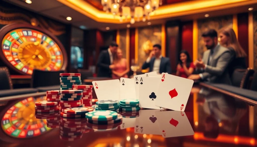 Trải nghiệm cảm giác hồi hộp với Bet VIP giữa một cảnh casino sang trọng có chip poker và bàn quay roulette.