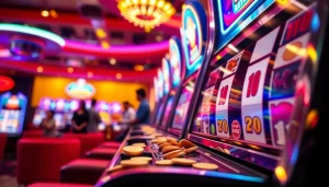 Judi mesin slot deposit 1000 yang menunjukkan mesin dengan lampu berkilau dan pemain yang bersenang-senang