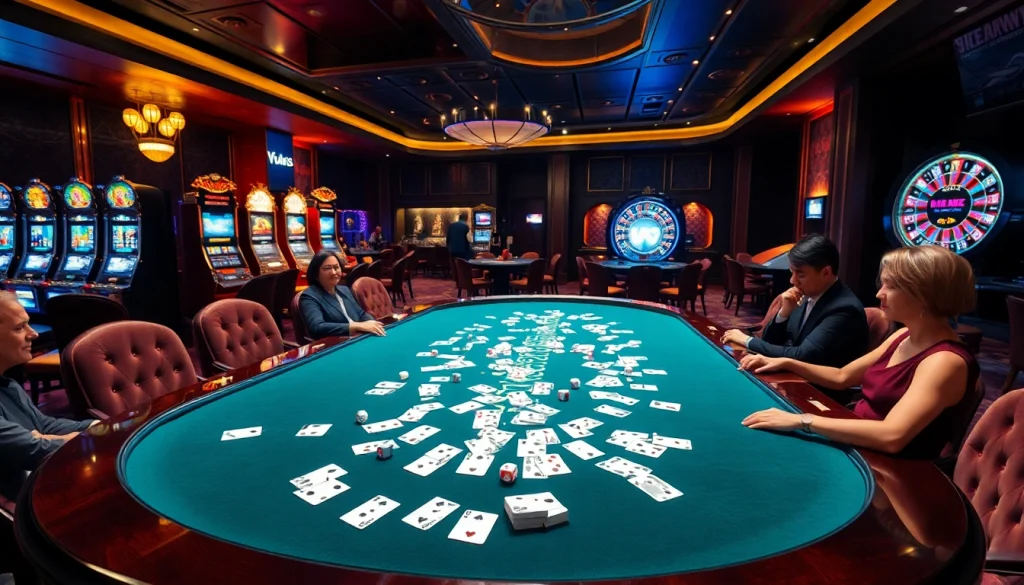 Toto togel table in a luxury casino setting with players placing bets and glowing slot machines.