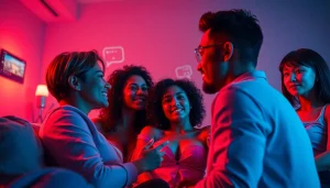 Engaging AI sex chat scene with diverse characters and dynamic atmosphere.