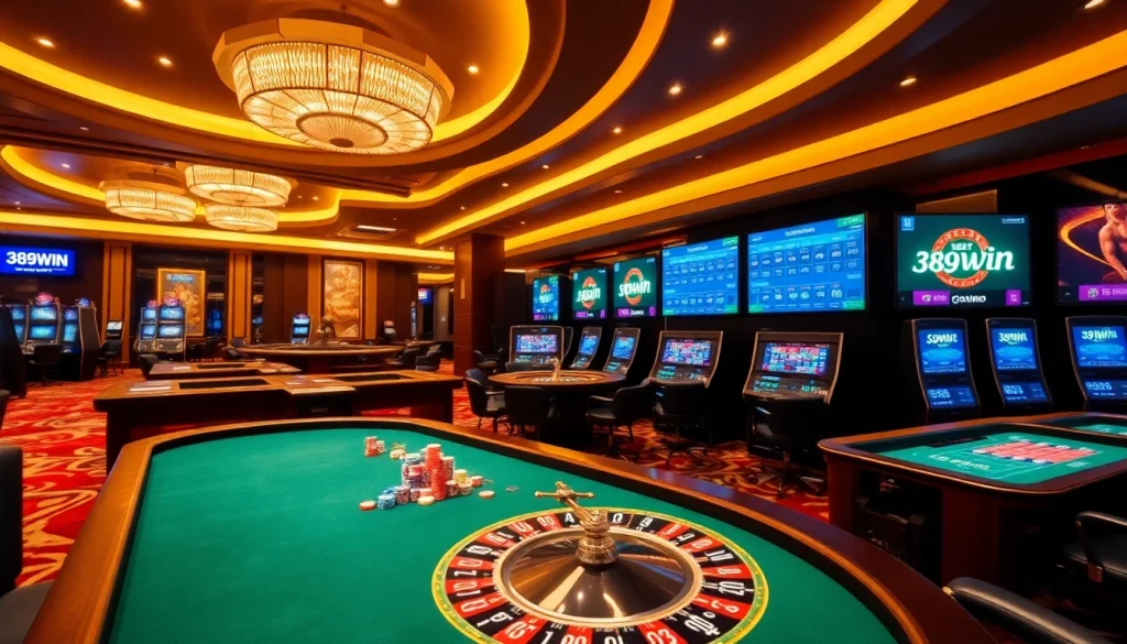 High-energy gaming scene at 389WIN online casino with vibrant tables and slot machines.