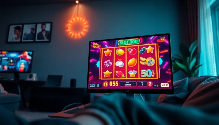 Eye-level view of an engaging online gaming setup with hoki138 pro branding, showcasing vibrant slot games.