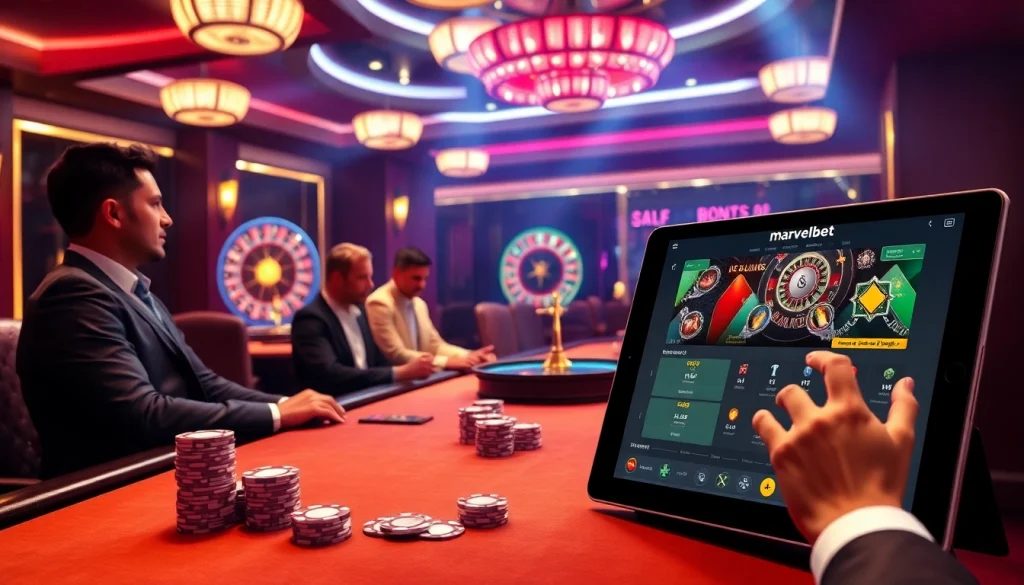 Players engaging at a poker table, showcasing Marvelbet's exciting gambling experience.