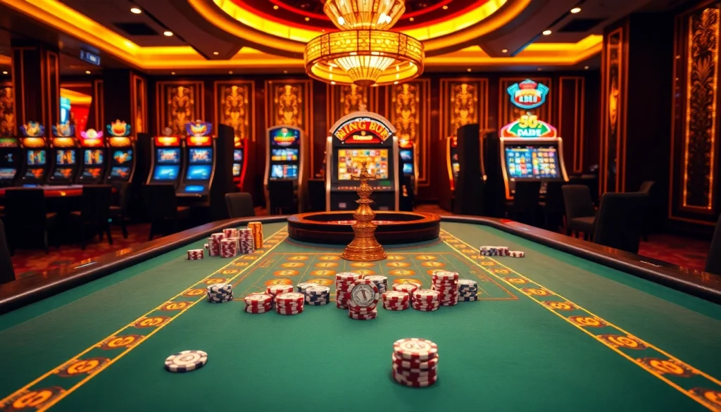 Players enjoying the thrilling action at the King88 casino table with vibrant slot machines in the background.