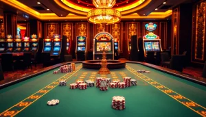 Players enjoying the thrilling action at the King88 casino table with vibrant slot machines in the background.