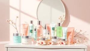 bästa K-Beauty-produkt visas elegant på ett minimalistiskt sminkbord med mjuka pastellfärger och naturligt ljus.