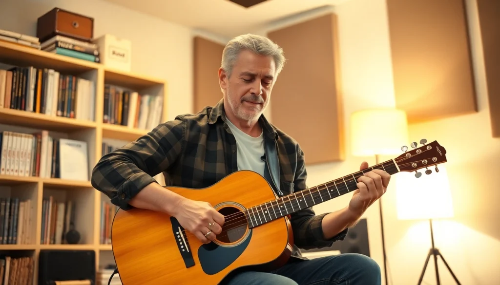 Guitarist honing skills at https://guitarlessons.co.uk in a cozy studio.