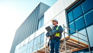 Inspecting commercial roofing installation on a modern building under bright sunlight.