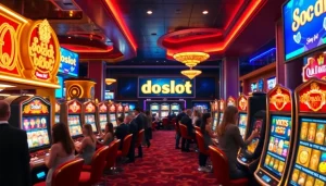 Engaging players enjoying the doaslot slot machine amidst a vibrant casino atmosphere