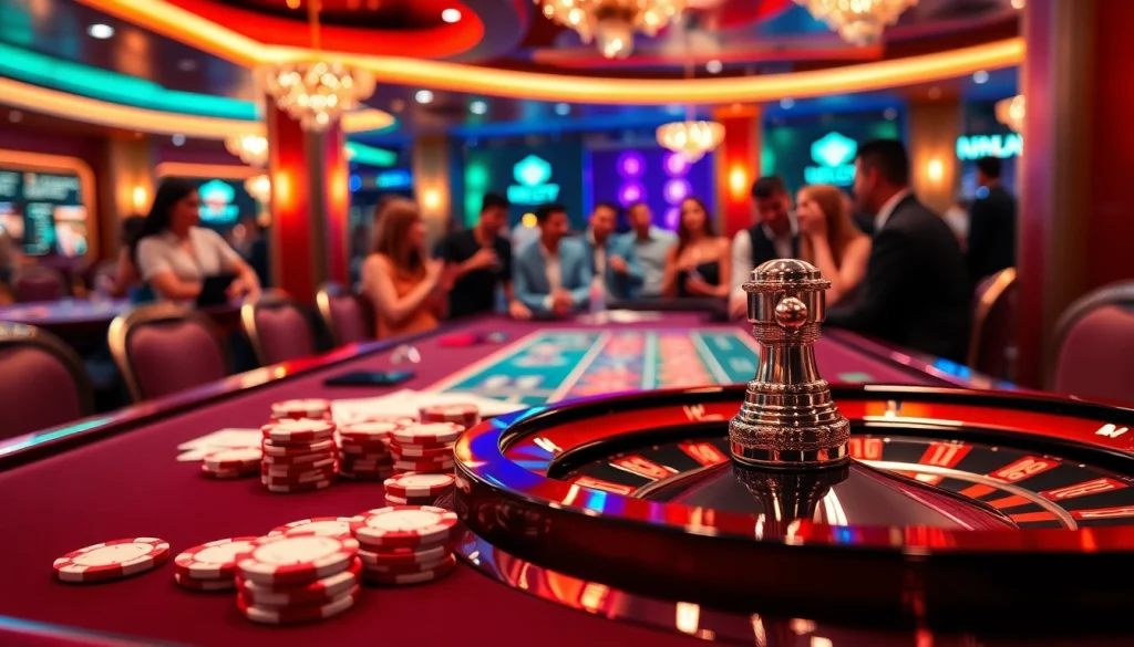 Showcase a lively U888 COM casino atmosphere with players enjoying high-stakes gaming at a roulette table.