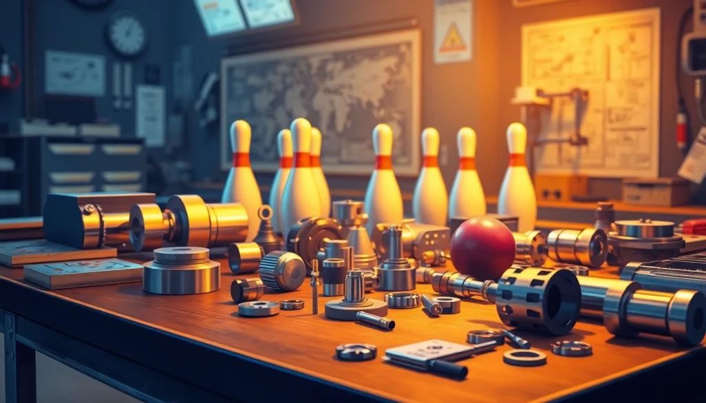 Bowling parts for Brunswick displayed on a well-lit workbench, showcasing quality and durability.