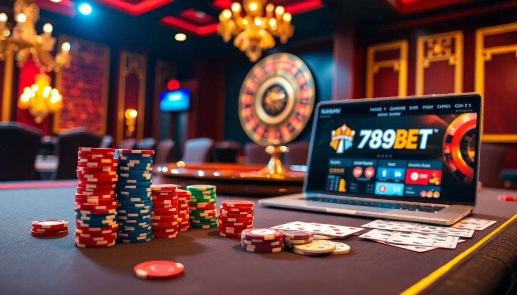 A vibrant casino scene showcasing the credibility of nhà cái 789BET có uy tín không with poker chips and roulette wheels.