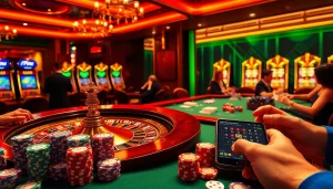 Experience the thrill of gambling at f168info.com with vibrant poker chips and a roulette wheel.