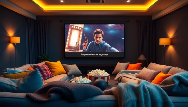 Viewing a cozy home theater with a high-definition screen showcasing filme online with Romanian subtitles.