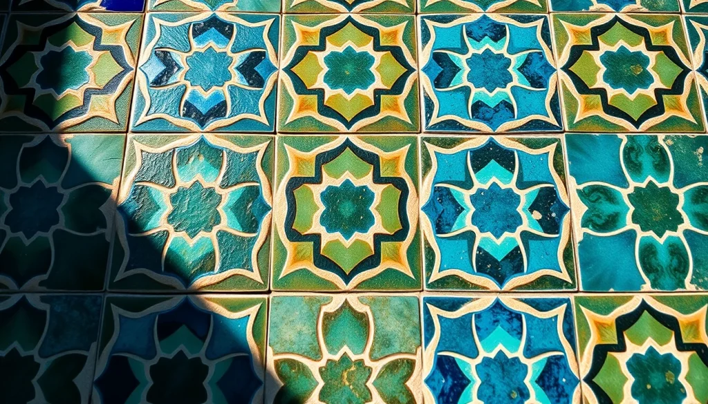 Carreaux Zellige présentant des motifs complexes et des couleurs vibrantes, mettant en valeur l'artisanat fait main.