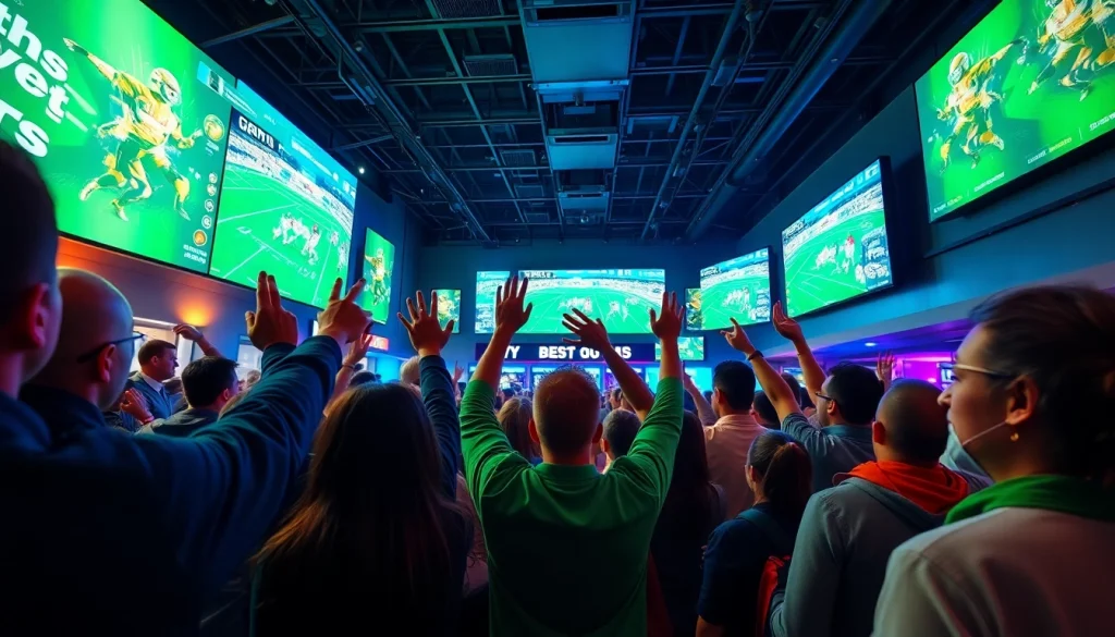 Excited fans engaging in sports betting in New Brunswick with vibrant atmosphere.